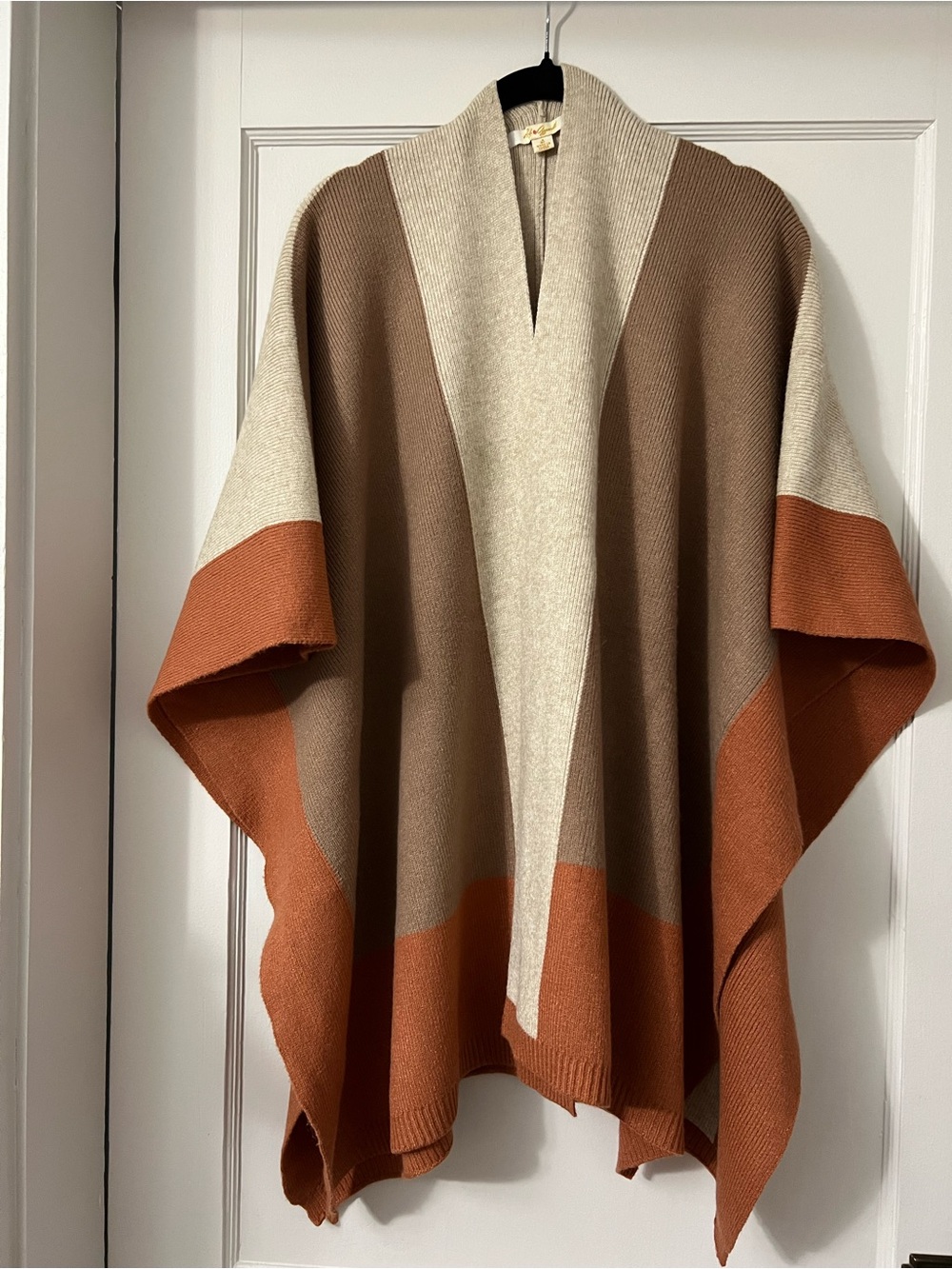 Colorblock Knit Poncho in Cream, Brown & Rust